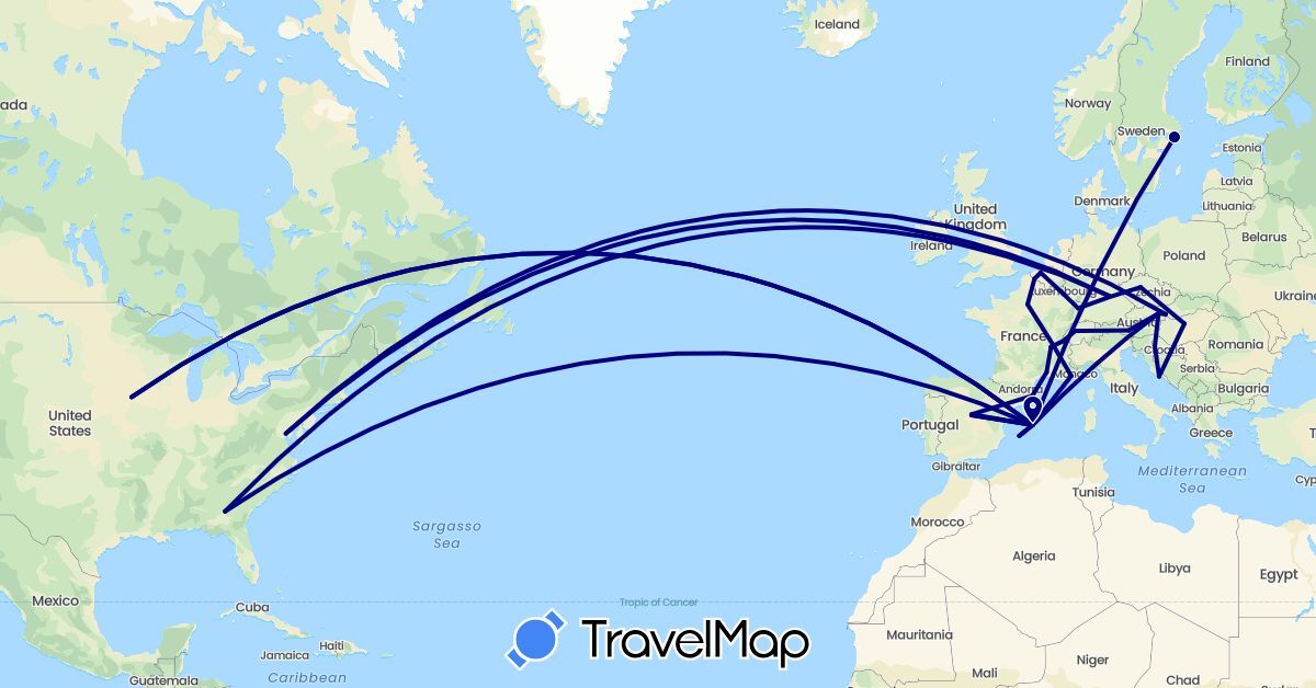 TravelMap itinerary: driving in Austria, Belgium, Switzerland, Czech Republic, Germany, Spain, France, Croatia, Hungary, Luxembourg, Sweden, Slovakia (Europe)